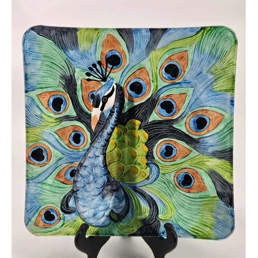 Hand Painted Peacock Plate Square Glass Beautiful Display Piece 12